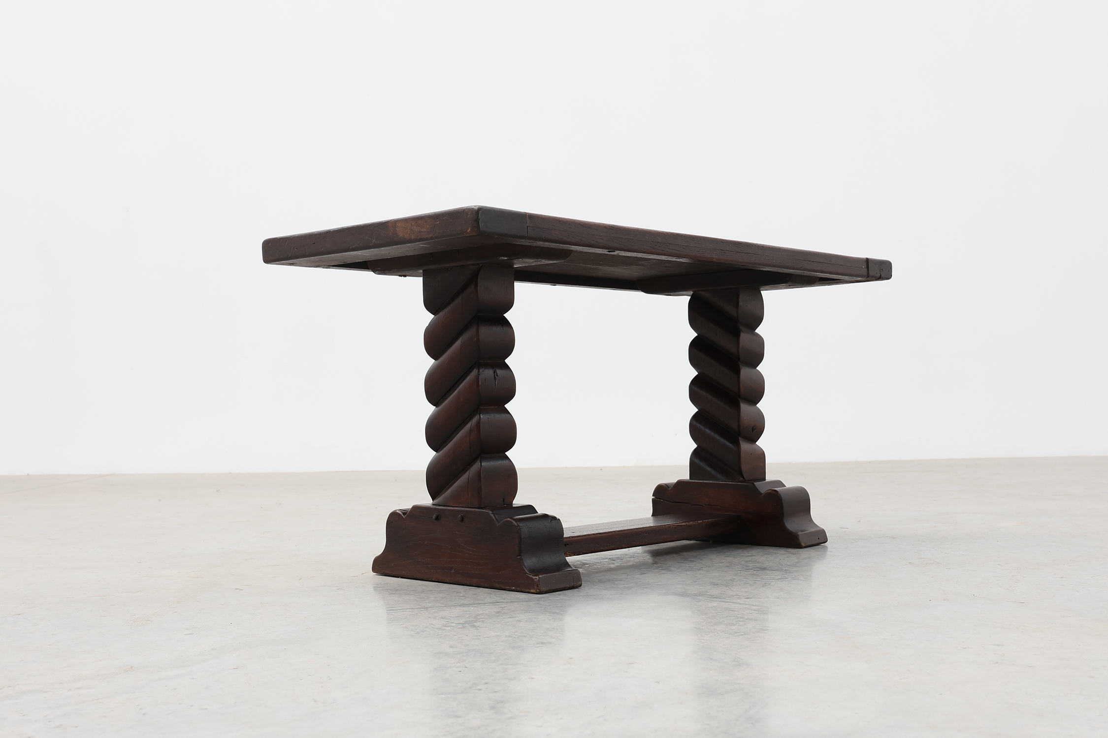 Dark Oak Coffee Table with Spiral‑Turned Trestle Legs, France, circa 1915thumbnail